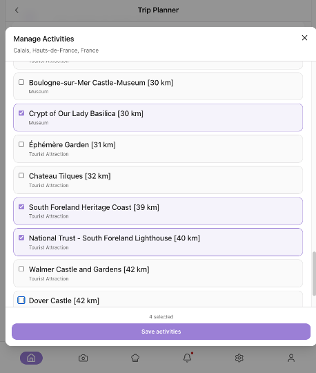 Manage Activities on a hotel stop, with two or three day activities listed under that city