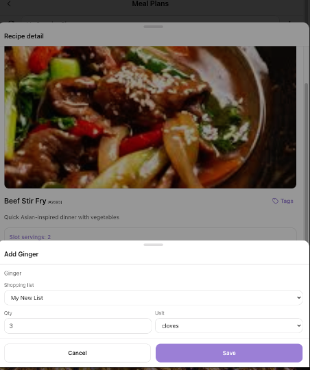 Recipe screen with the button that adds linked ingredients to the shopping list