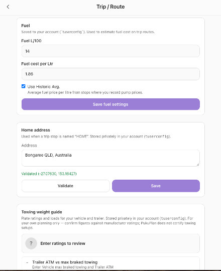Trip / Route settings with Fuel L/100 and Fuel cost per Ltr filled in, or the Summary tab showing distance, time, and a fuel estimate