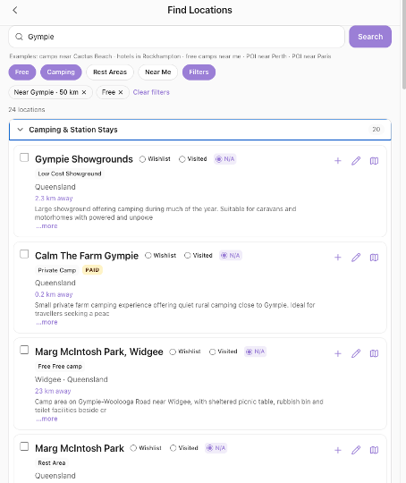 Find Locations with the Free and Camping chips on, and a results list showing a free camp beside a paid park so the difference in cost labels is visible