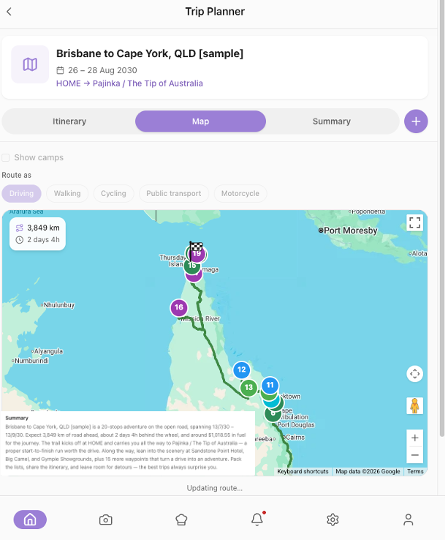 A multi-week itinerary list with dates, showing a rest day with the same camp on arrive and a later depart, and a town stop once in the week