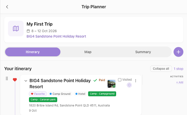 Add stop sheet showing Locations, Hotels, and Address tabs with Arrive and Depart dates for one night